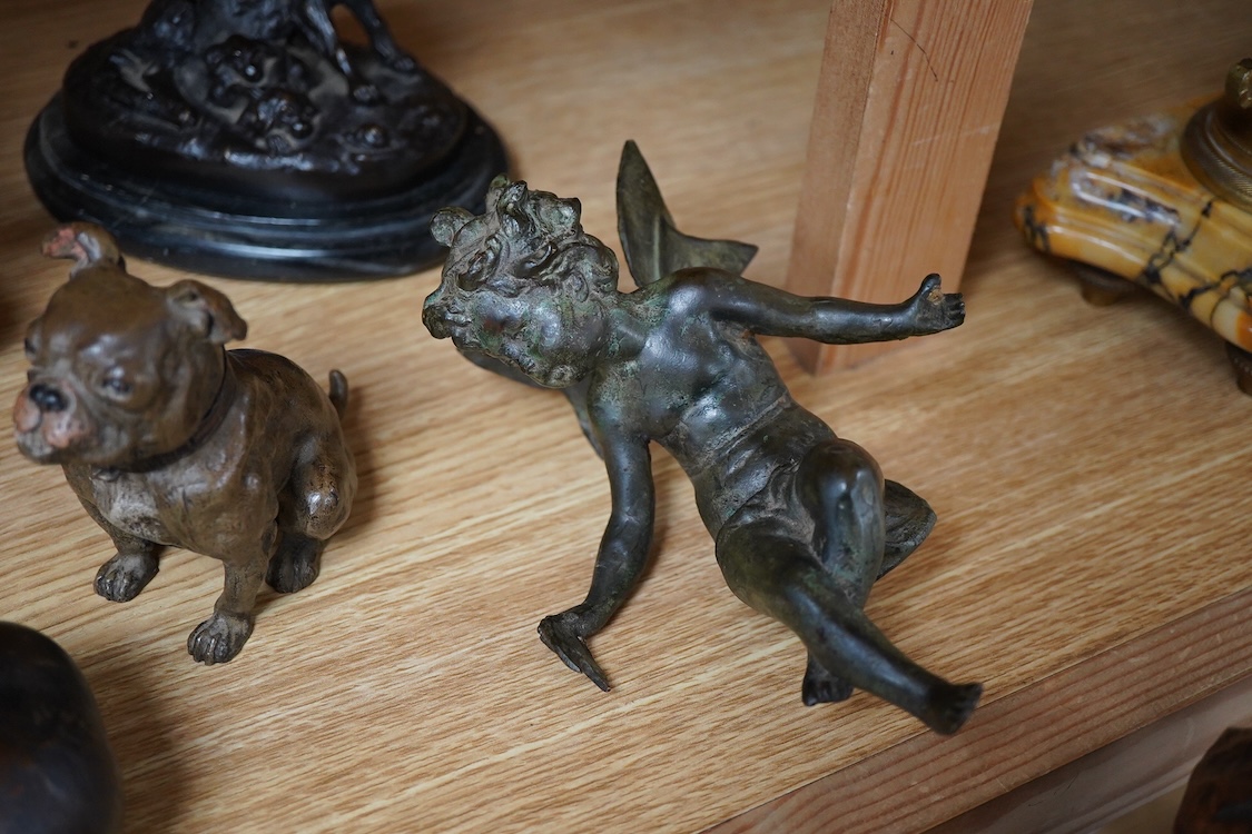 A small bronze of a of a hound and puppies after Louis Theophile Hingre (1832-1911), on marble base- 14.5cm wide, a painted bulldog ink stand, a putti and a fairy and two models of apples. (6).